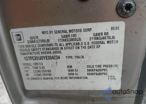 2000 GMC Sierra 2500 Sl from USA, damaged, VIN 1GTFC29U0YE384234